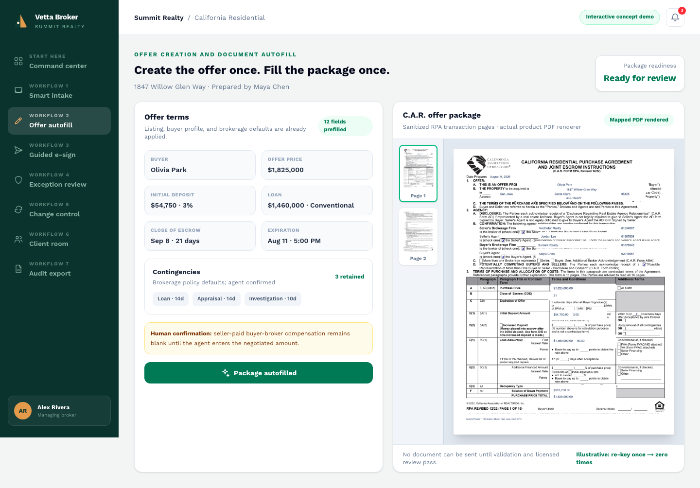 Vetta Broker offer terms beside an autofilled California purchase agreement