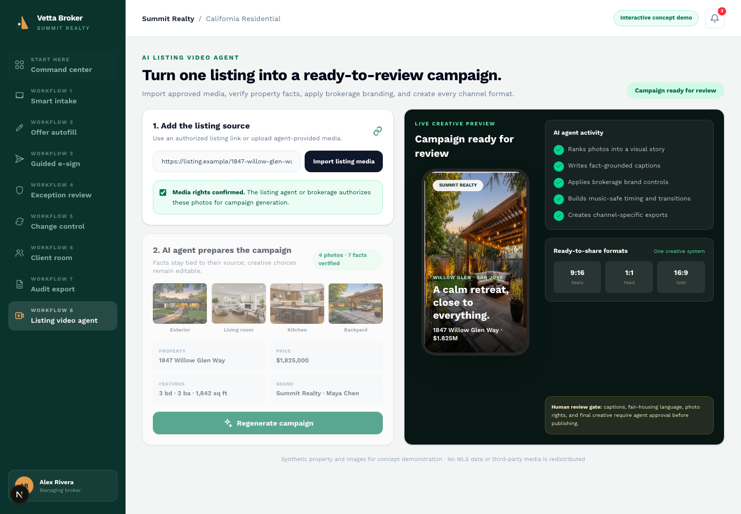 Vetta Broker listing video agent composing three campaign formats
